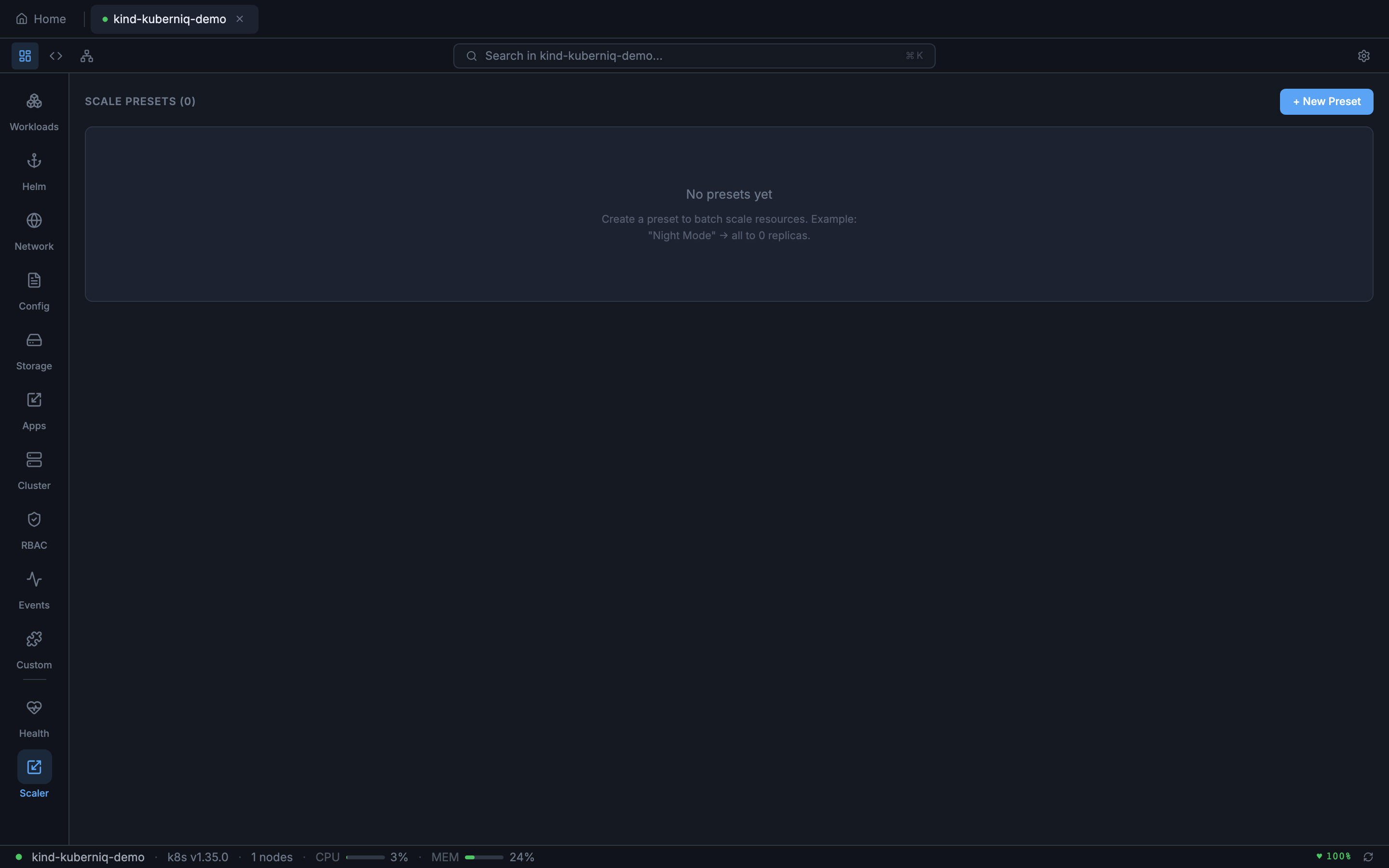 Kuberniq Batch Scaler view showing scaling presets and target workloads