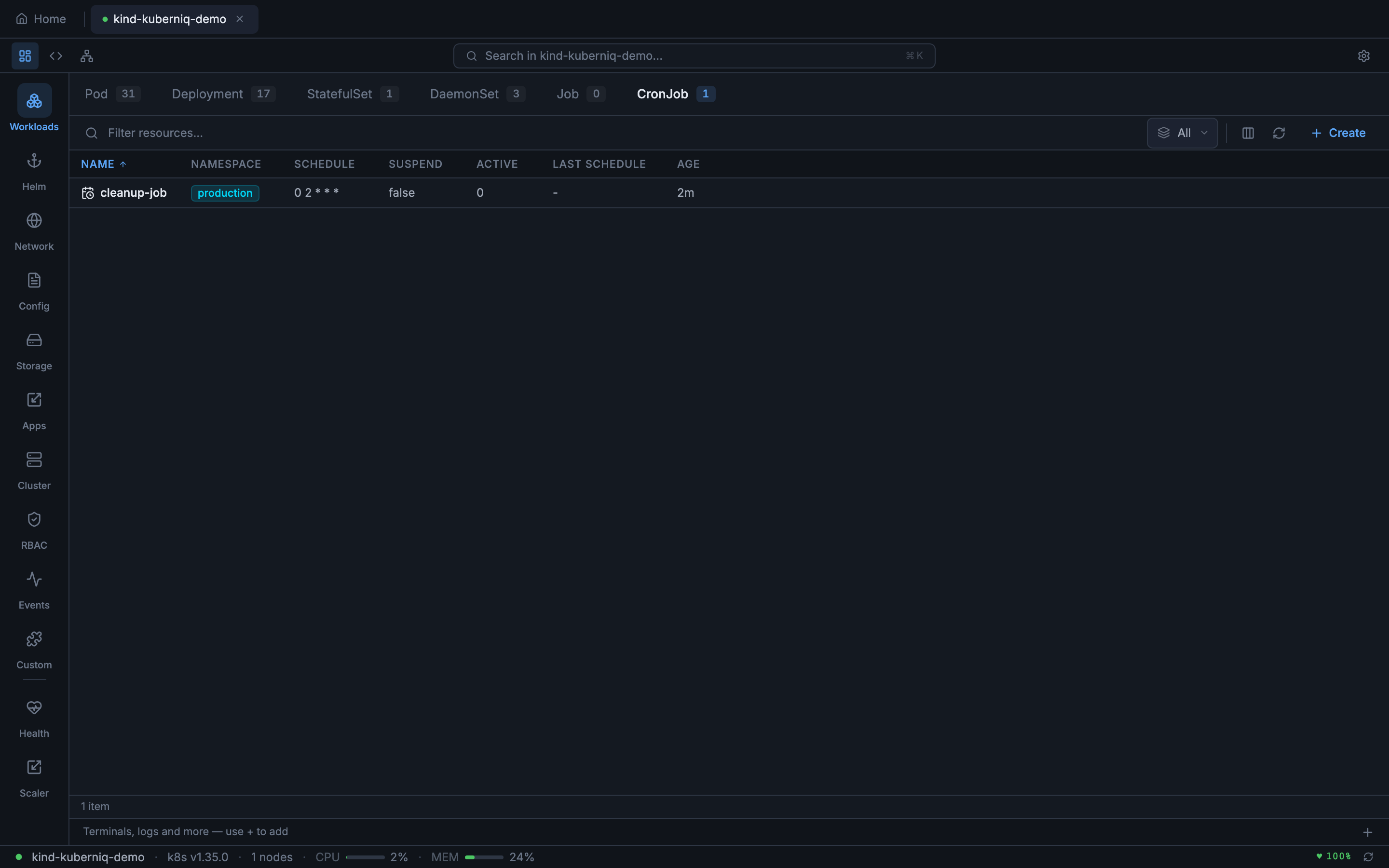 CronJobs view showing scheduled jobs with cron expressions