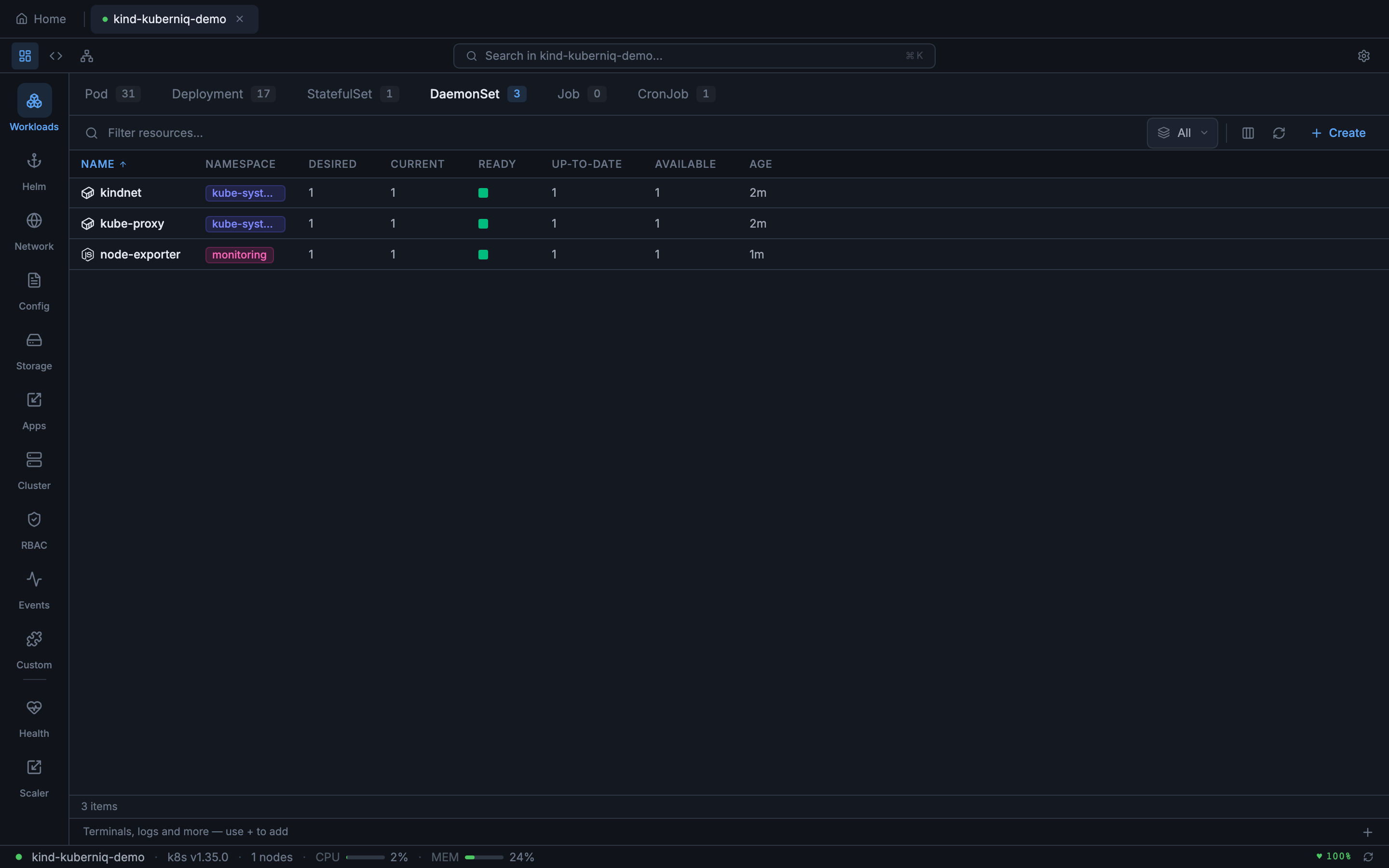 DaemonSets view showing node-exporter running across cluster nodes