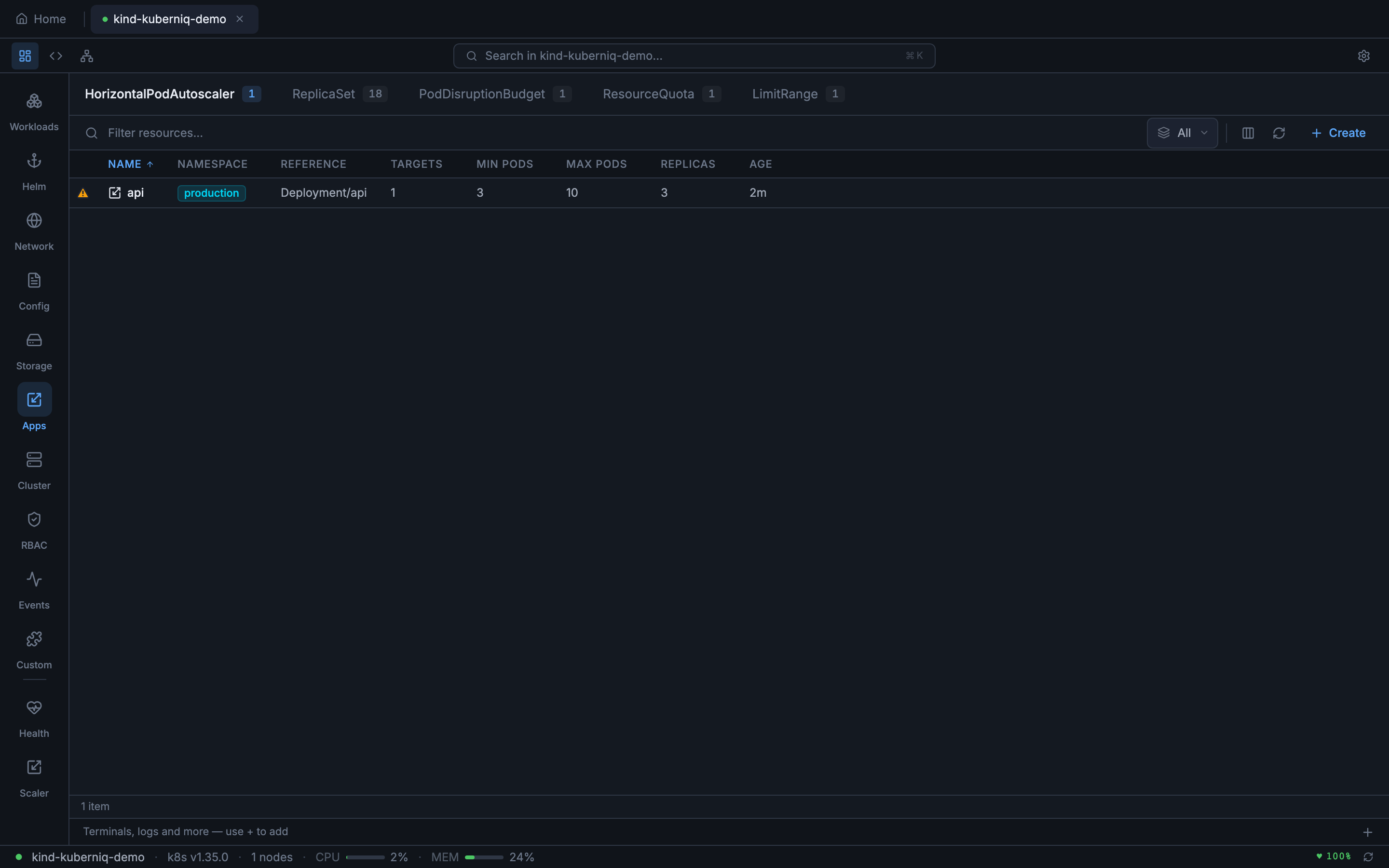 HorizontalPodAutoscalers view showing autoscaling rules and metric targets
