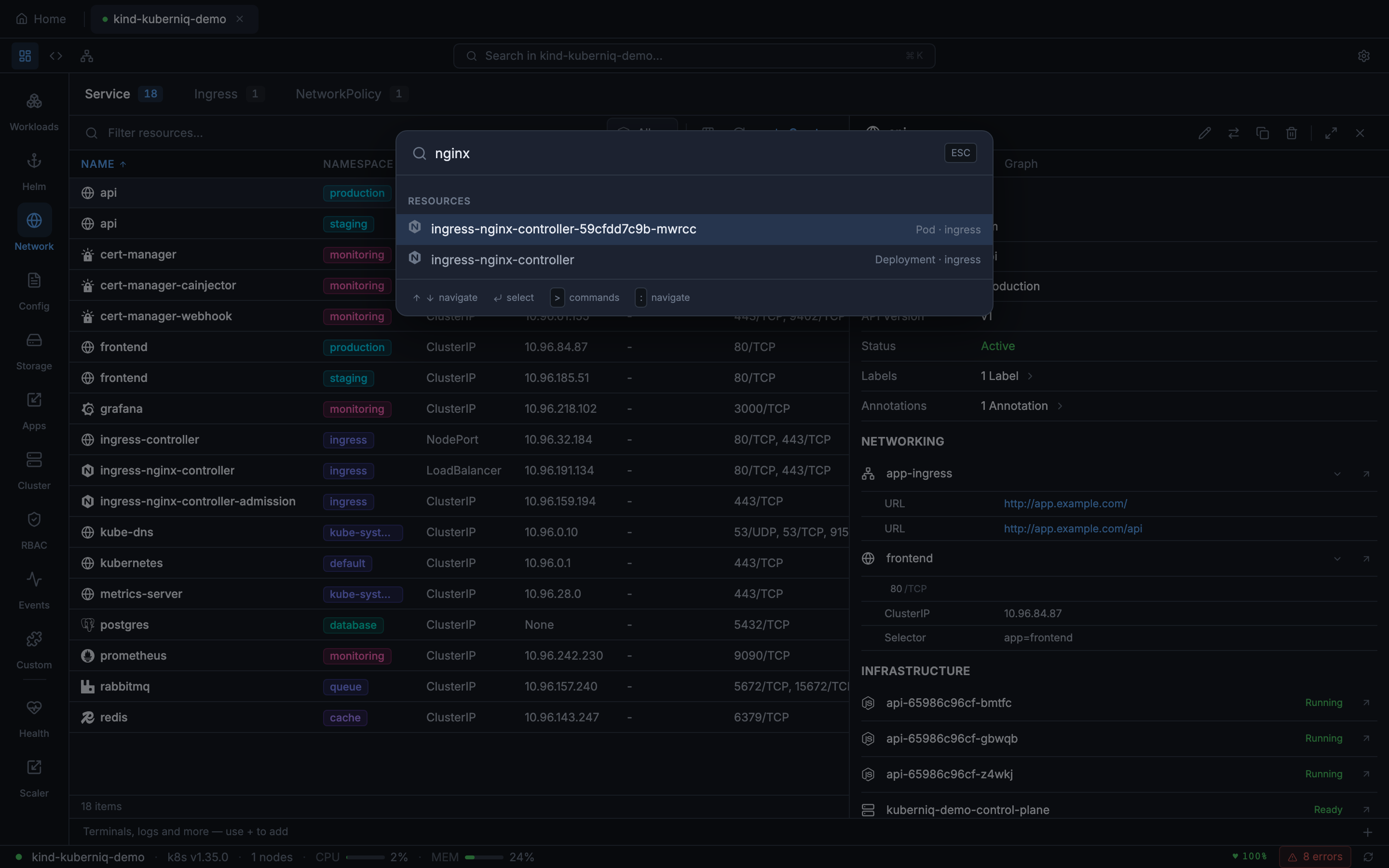 Kuberniq command palette showing fuzzy search results across cluster resources