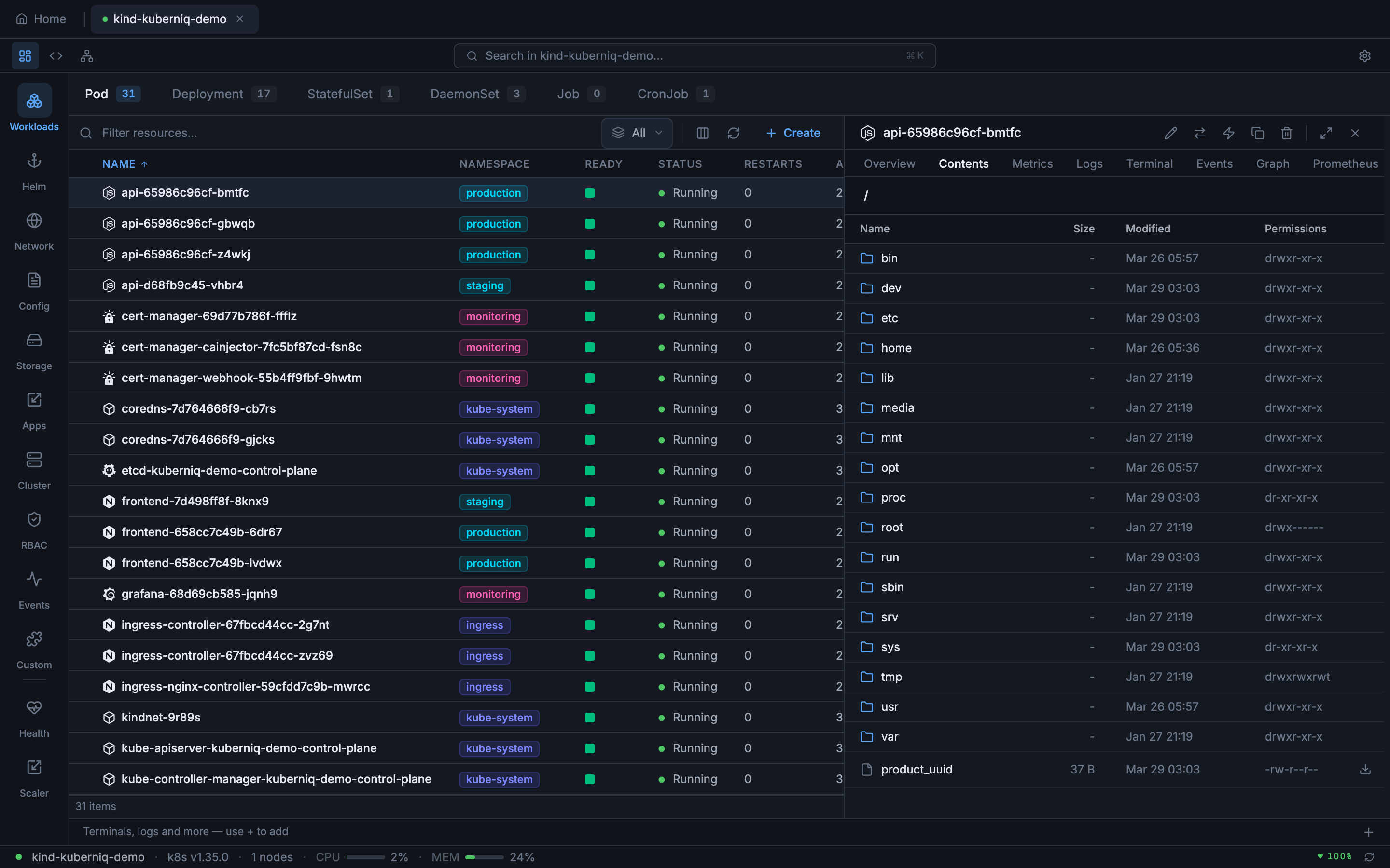 Kuberniq file browser showing the Contents tab with container filesystem listings