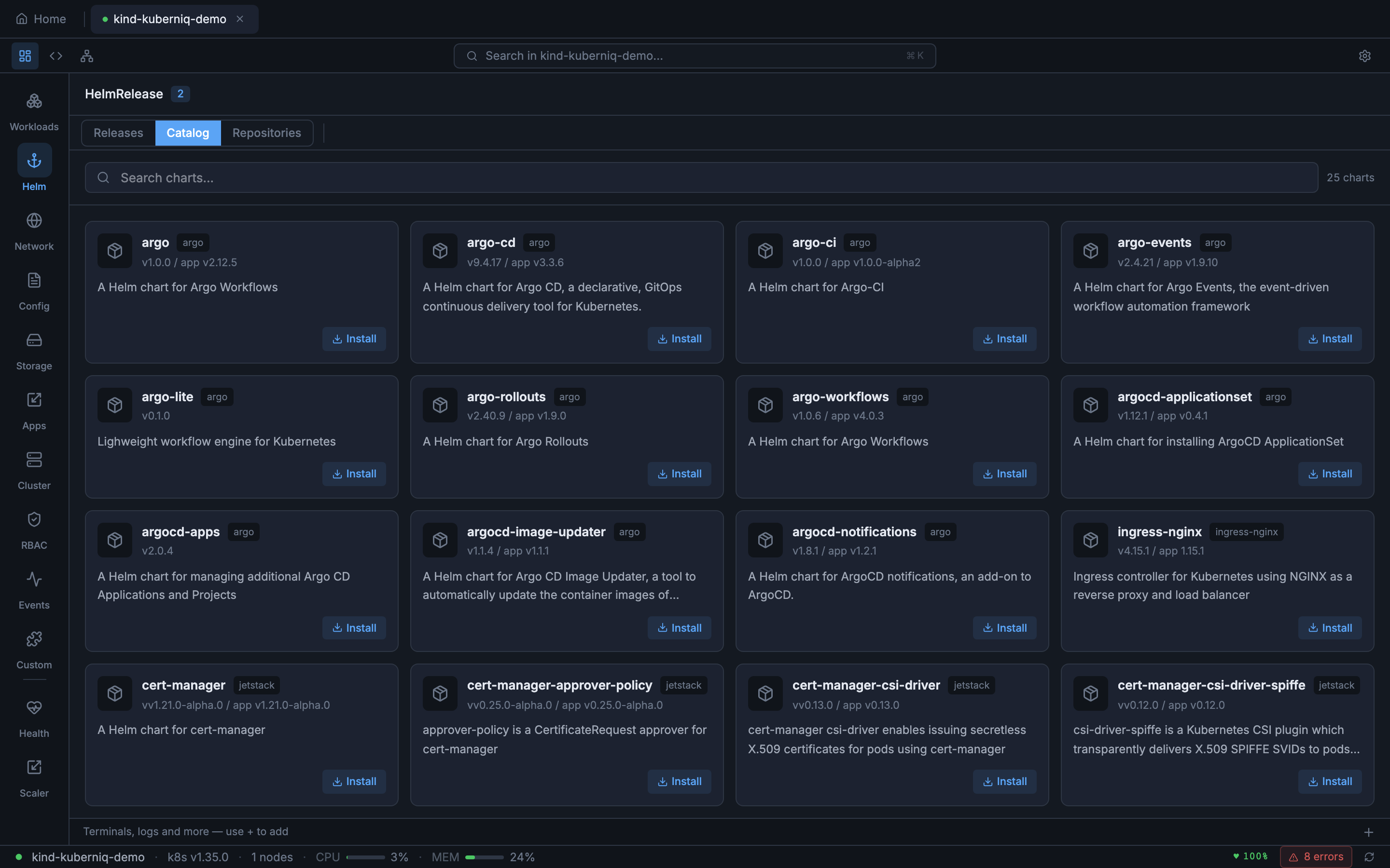 Helm chart catalog showing available charts from configured repositories