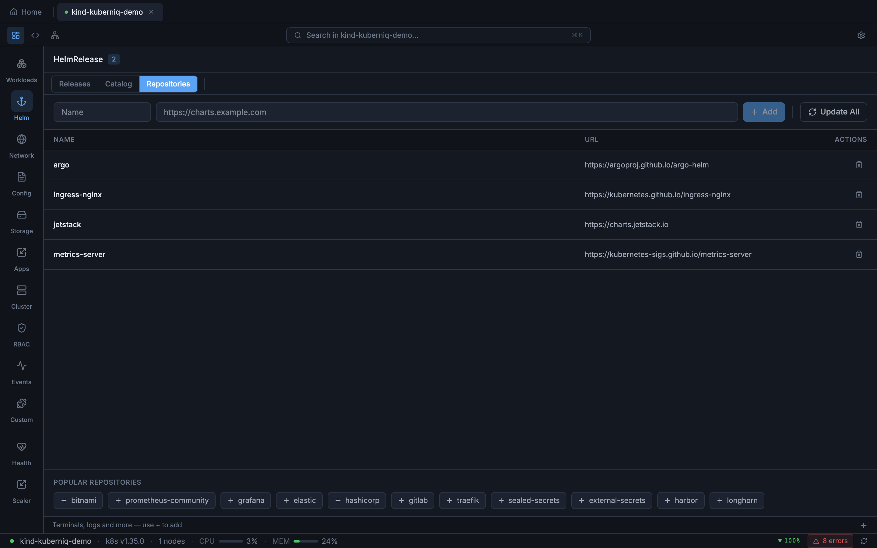 Helm repositories list showing configured chart repositories