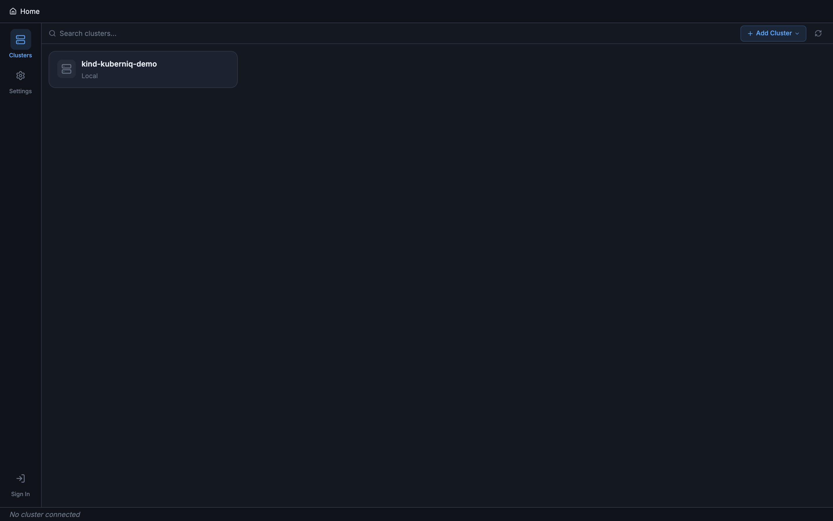 Kuberniq first launch showing the home screen with available cluster contexts