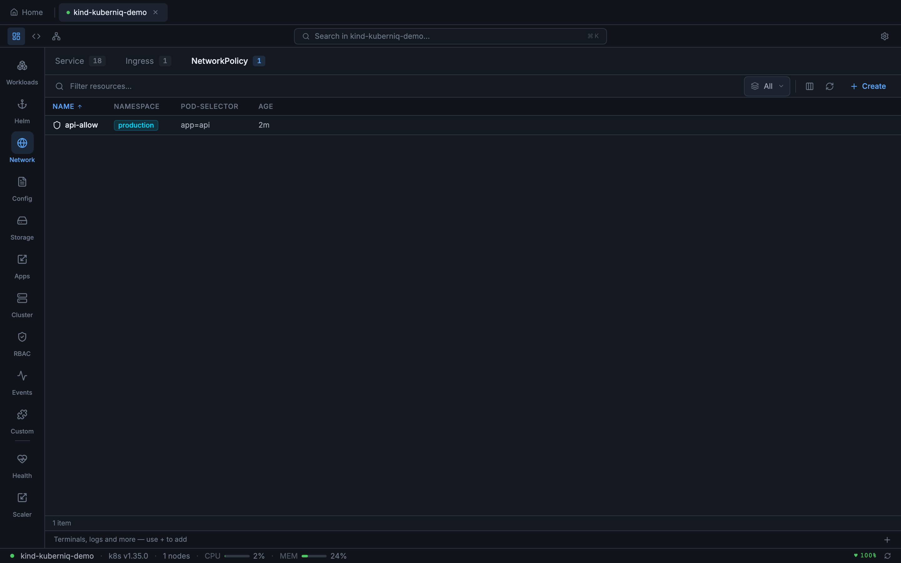 NetworkPolicies view showing pod-level network access control rules
