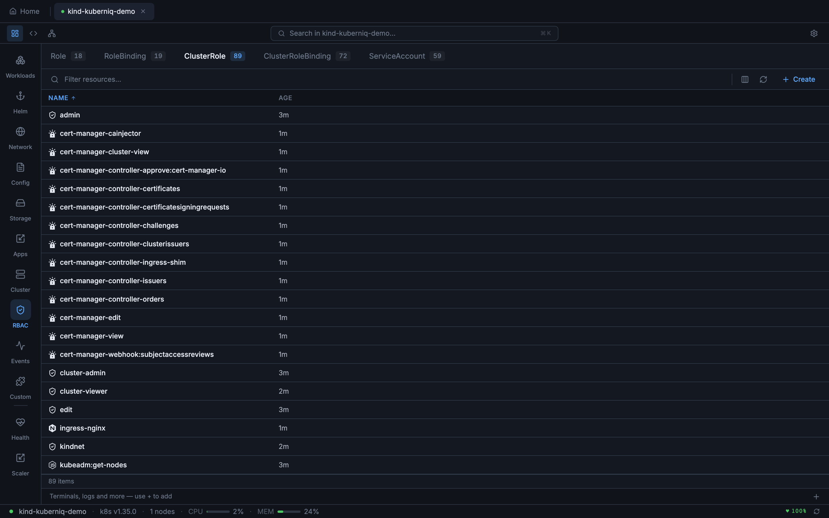 ClusterRoles view showing cluster-wide permission sets