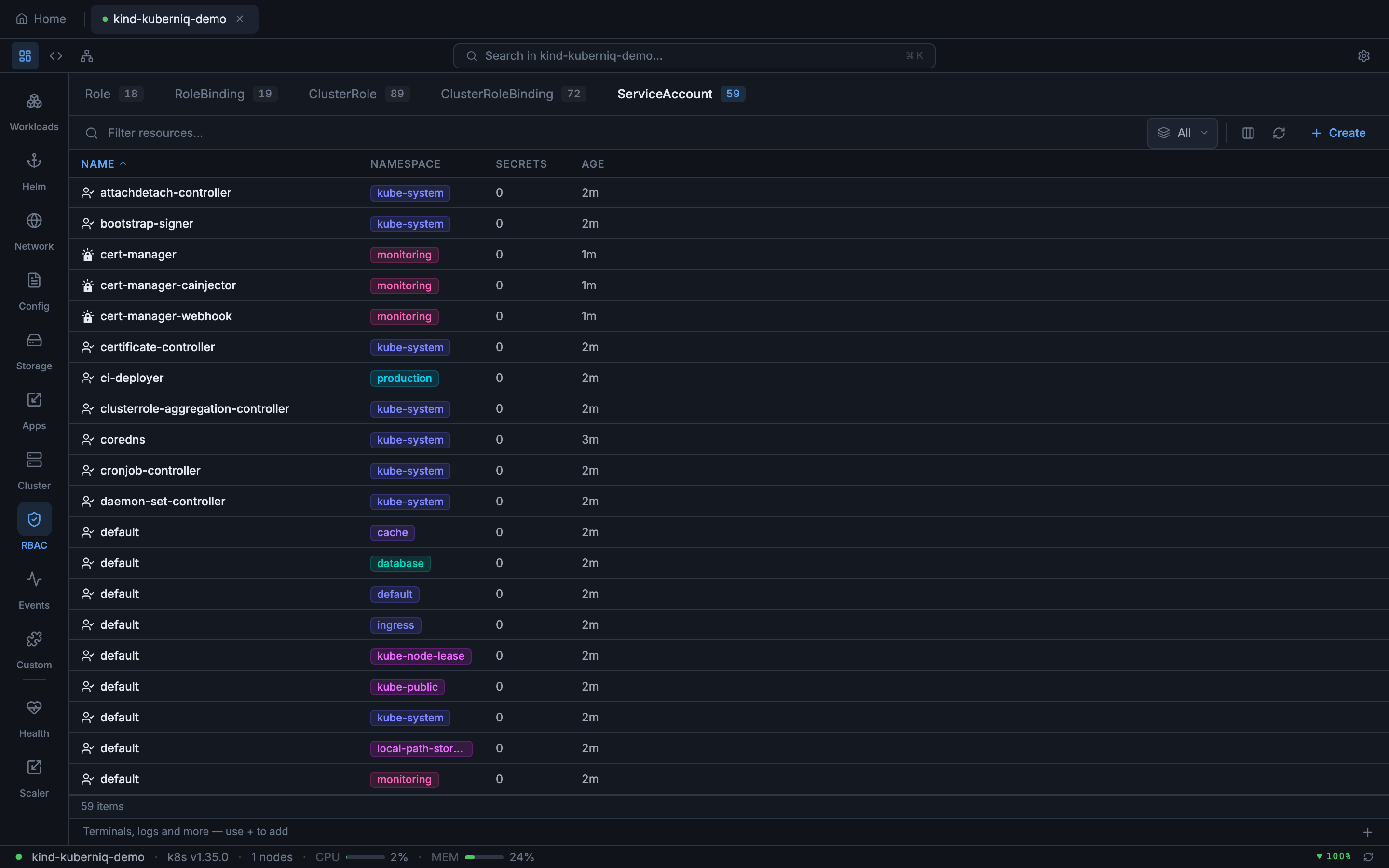 ServiceAccounts view showing pod identity accounts