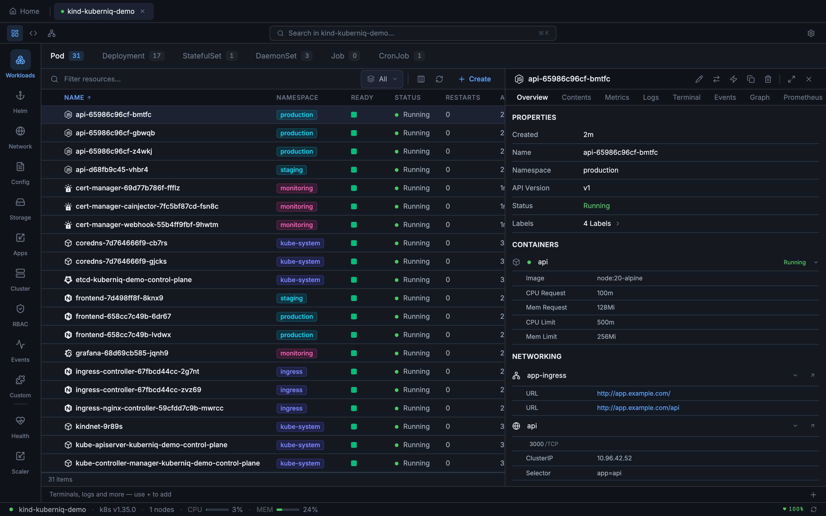 Resource detail panel showing the Overview tab with structured metadata and properties