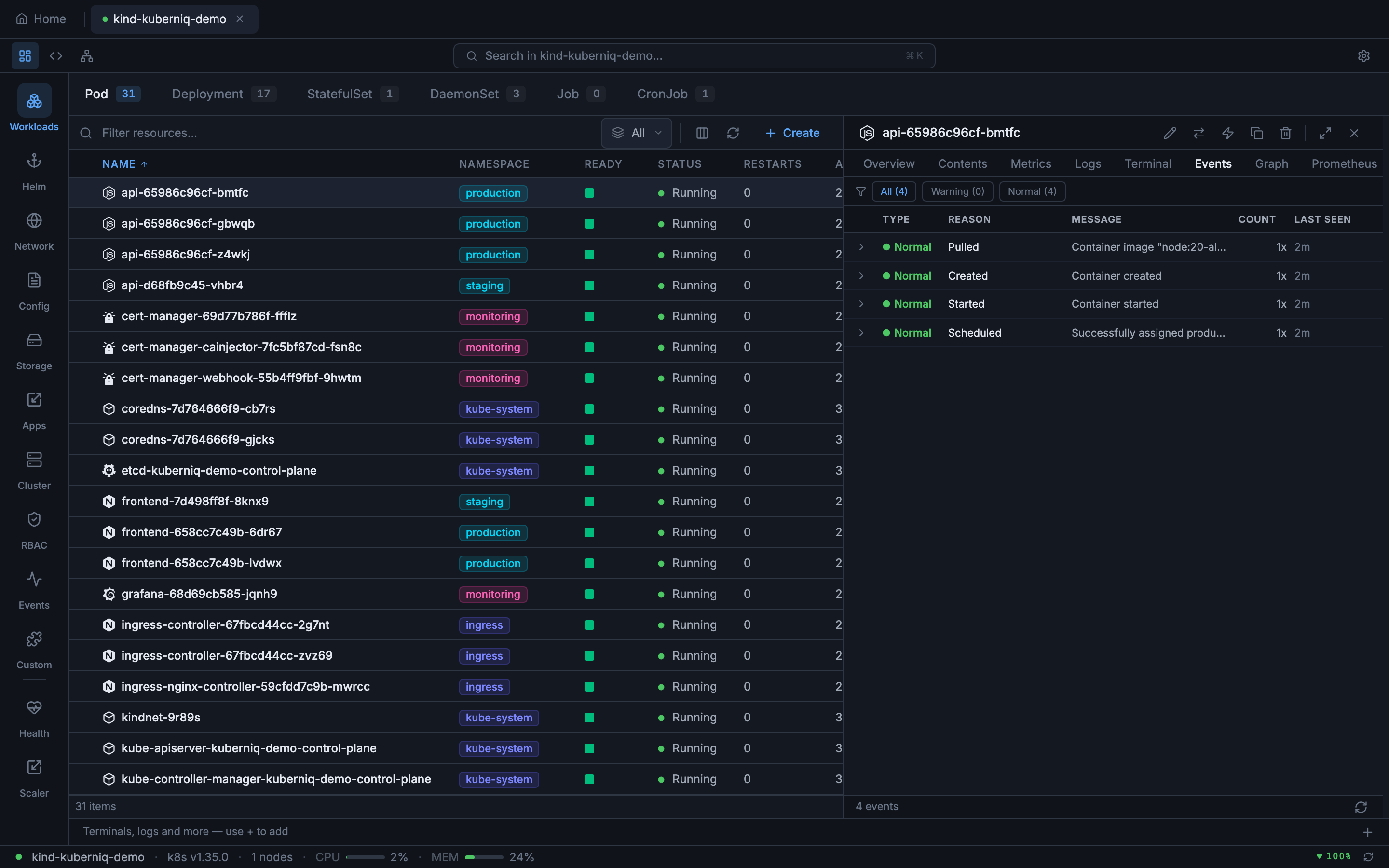 Resource detail panel Events tab showing events filtered by the selected resource