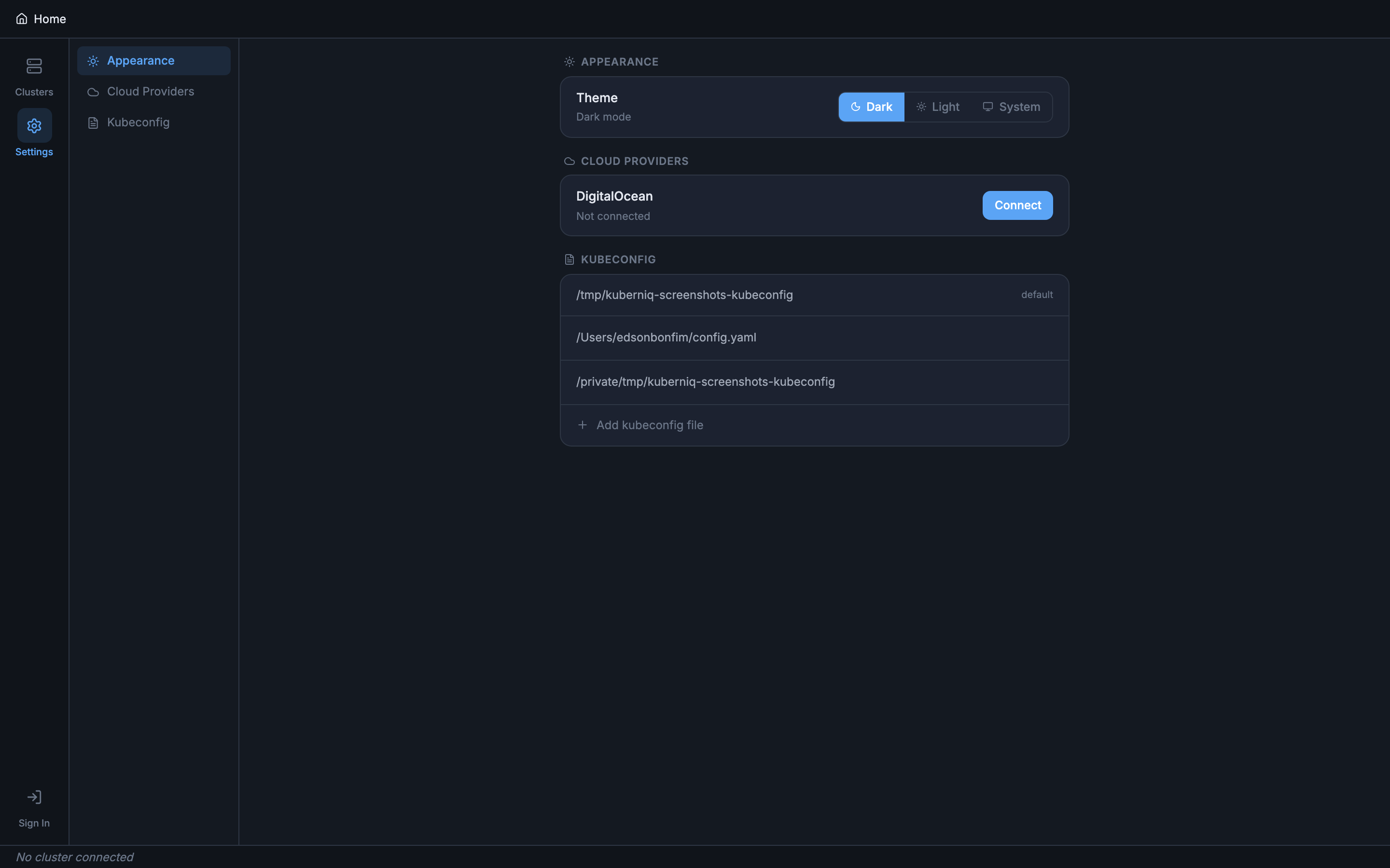Kuberniq Appearance settings panel with theme selection