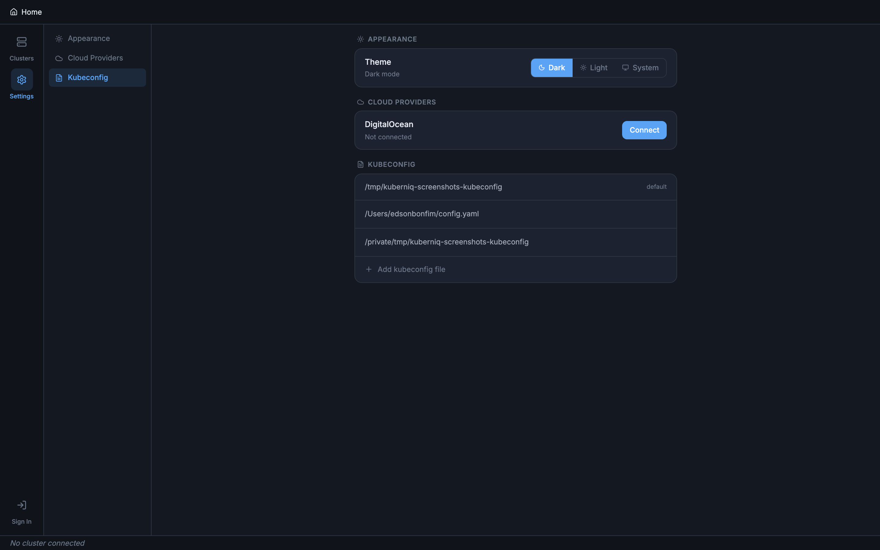 Kuberniq Kubeconfig settings panel showing loaded kubeconfig files and clusters