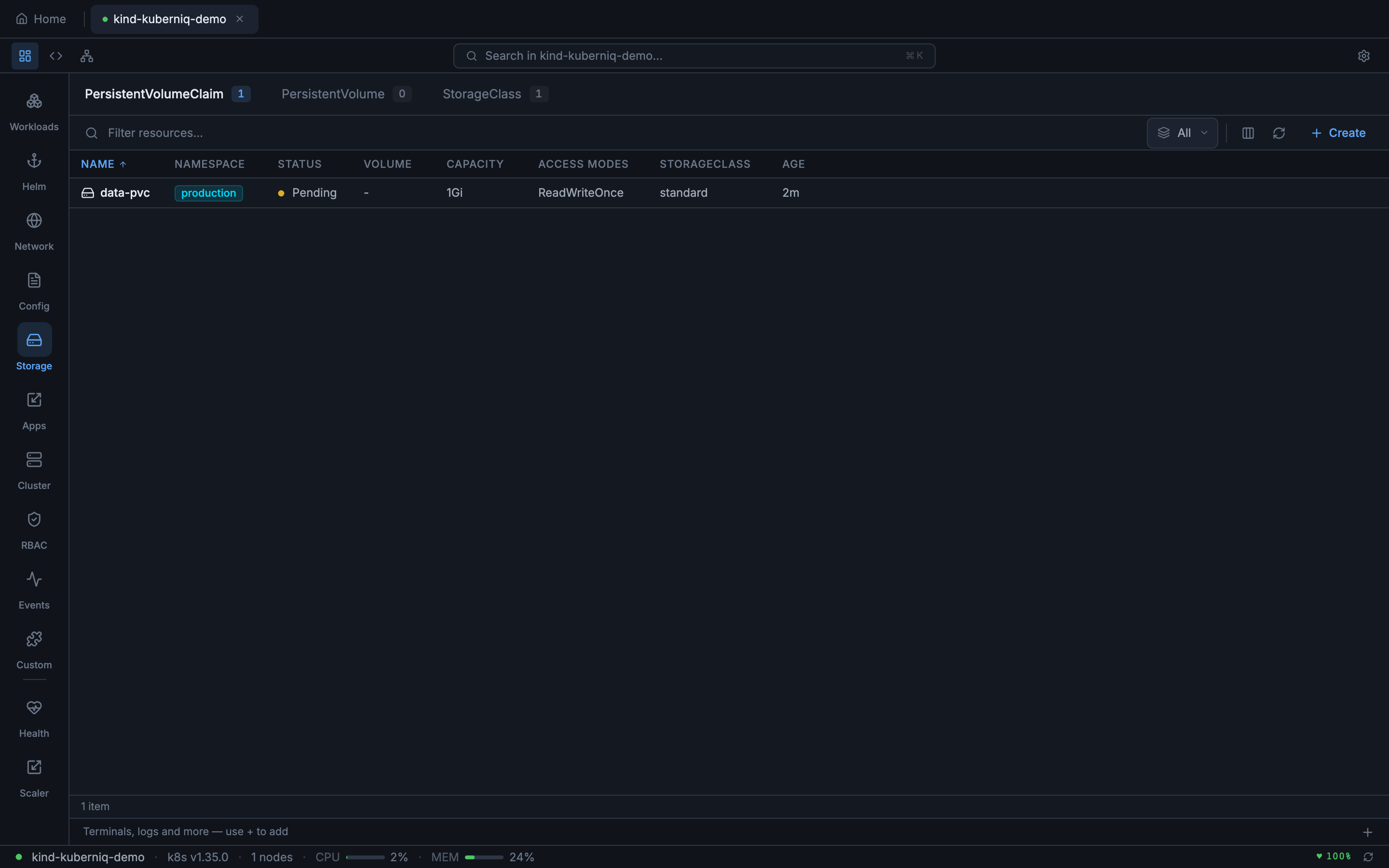 Storage section showing PersistentVolumeClaims, PersistentVolumes, and StorageClasses