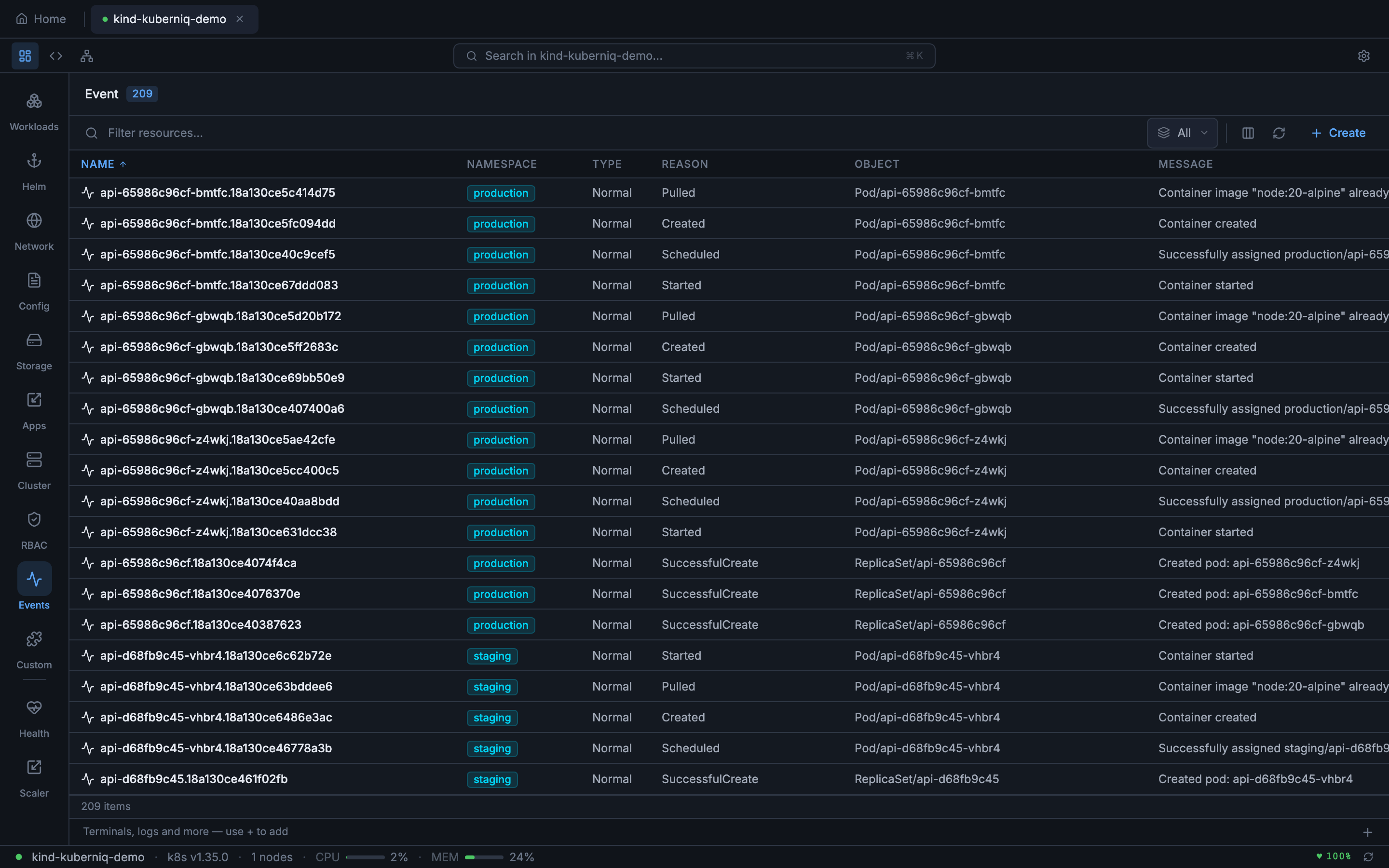 Cluster event stream showing Normal and Warning events