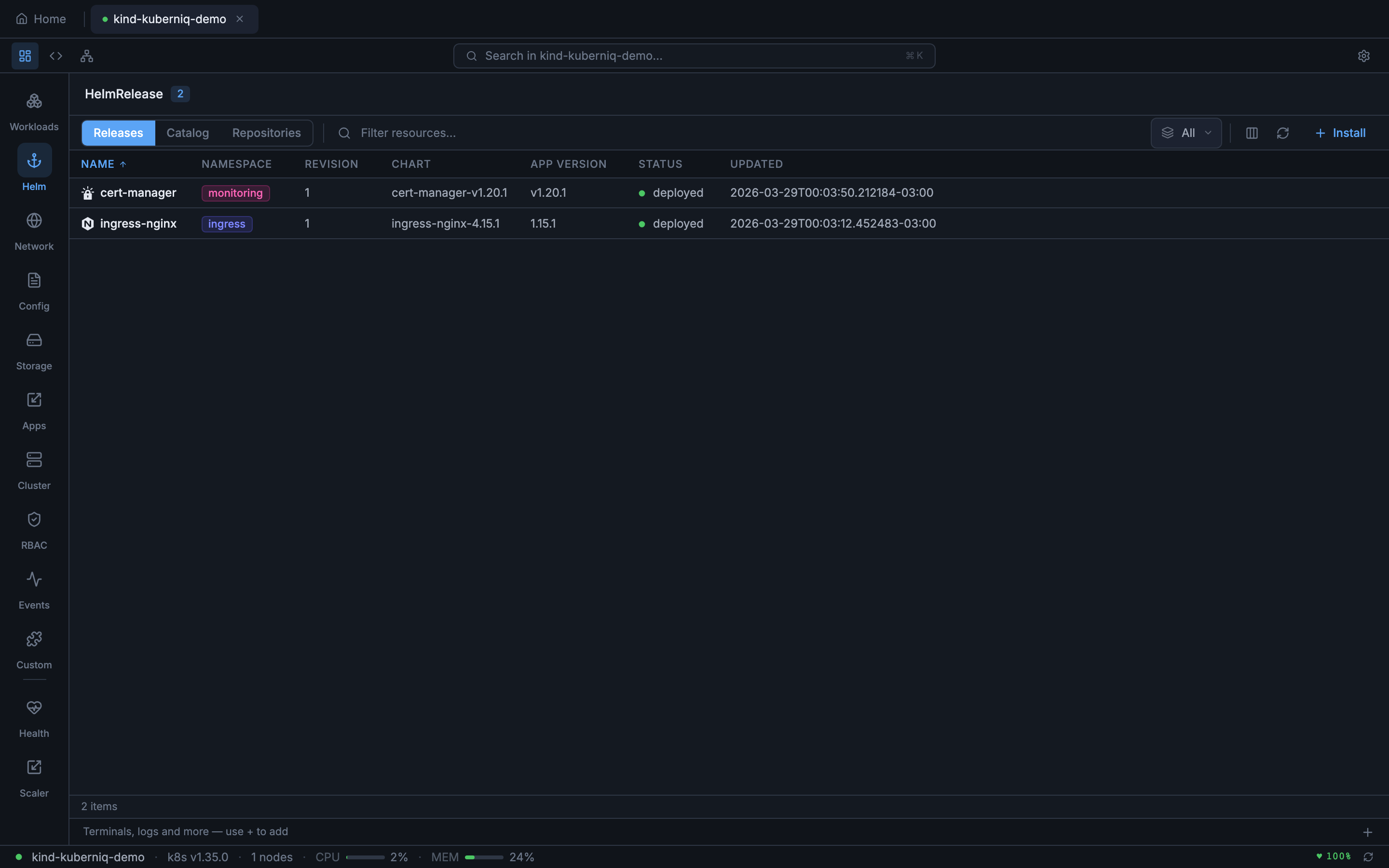 Kuberniq Helm releases view showing installed charts with status, revision, and version