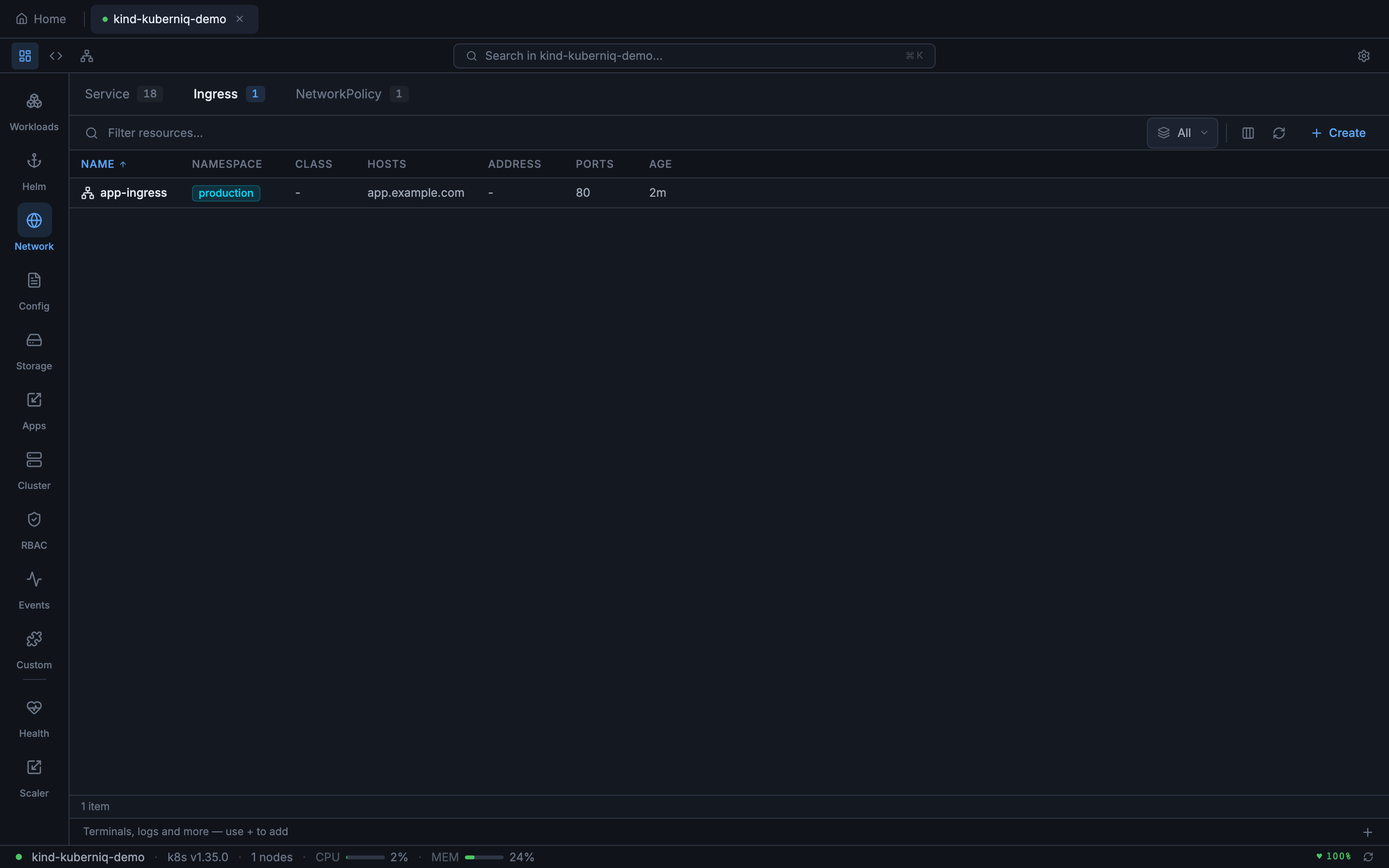 Ingresses view showing HTTP routing rules with hosts and paths