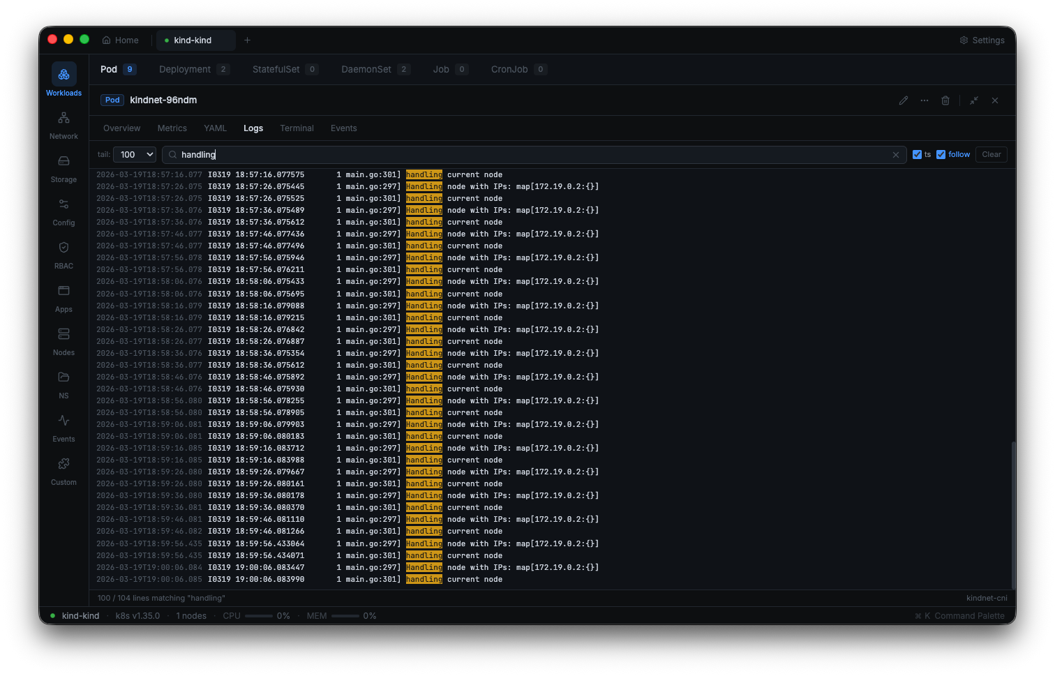 Real-time log streaming view