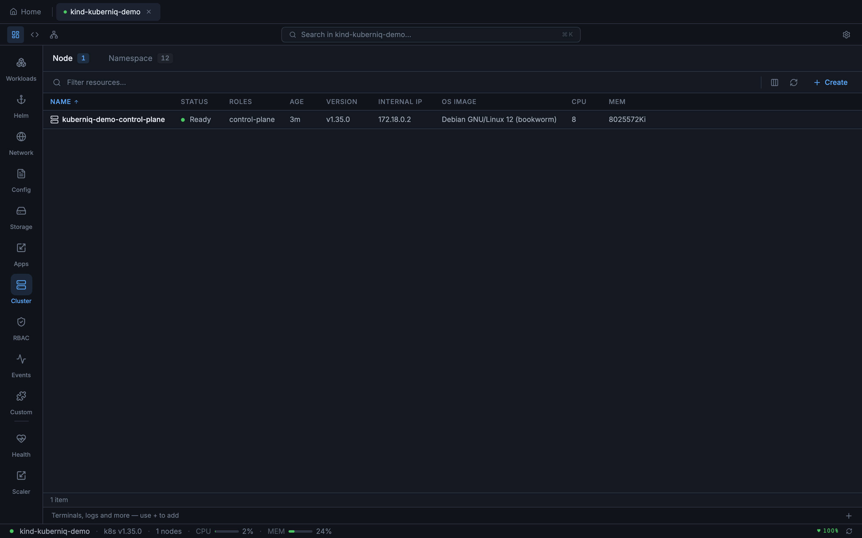 Cluster nodes view showing roles, conditions, and resource capacity