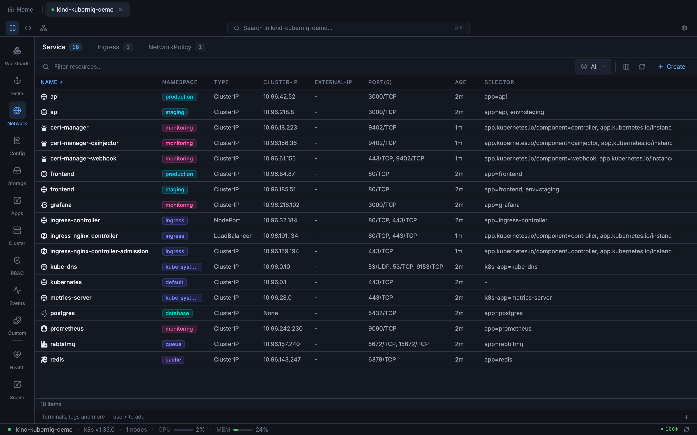 Services list showing service types, cluster IPs, and port mappings