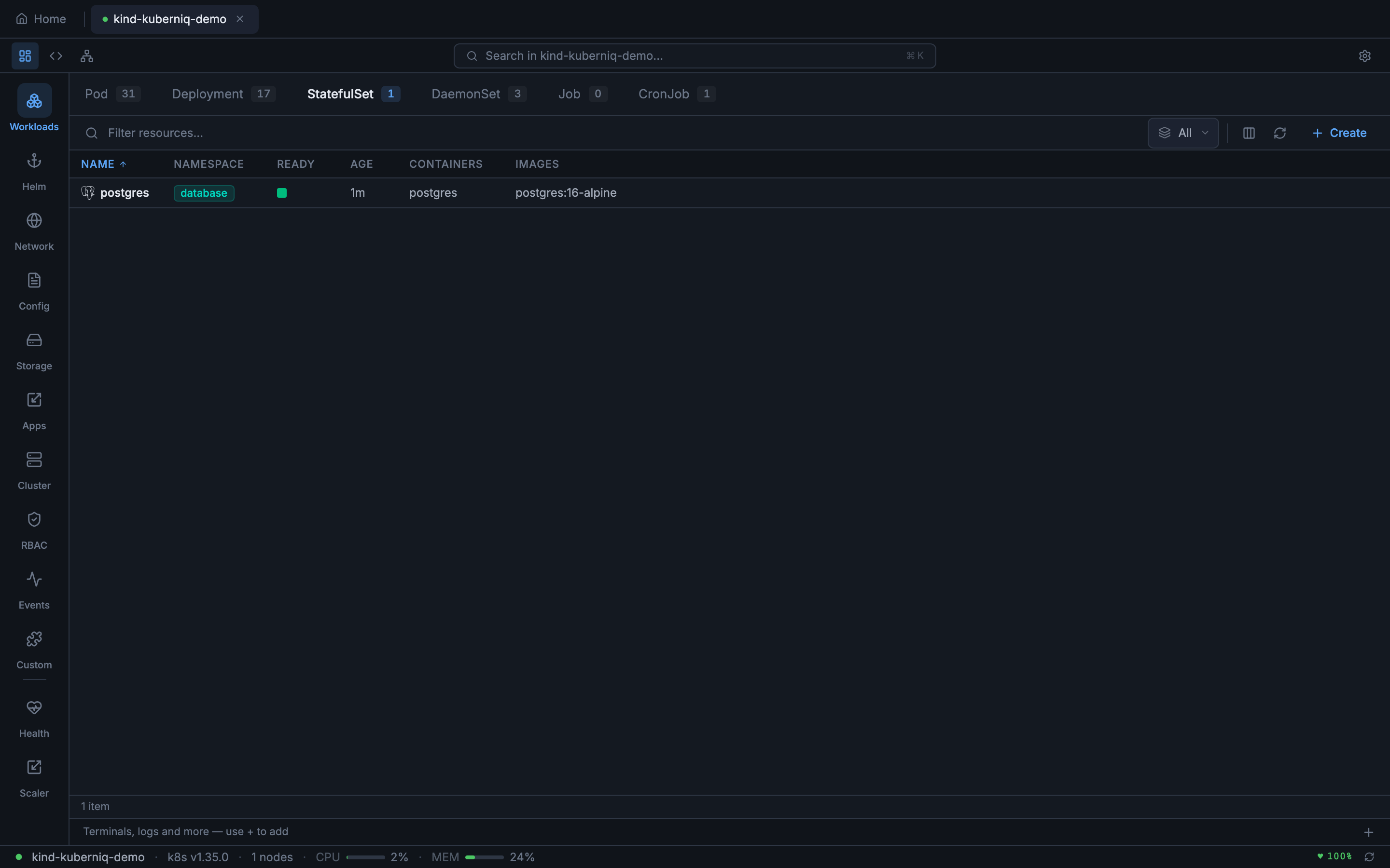 StatefulSets view showing postgres StatefulSet with ready replicas